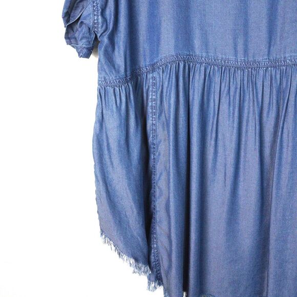 Cato Floral Embroidered Chambray Hi-Low Hem Short Sleeve Blouse Sz L EUC Summer - Picture 7 of 9